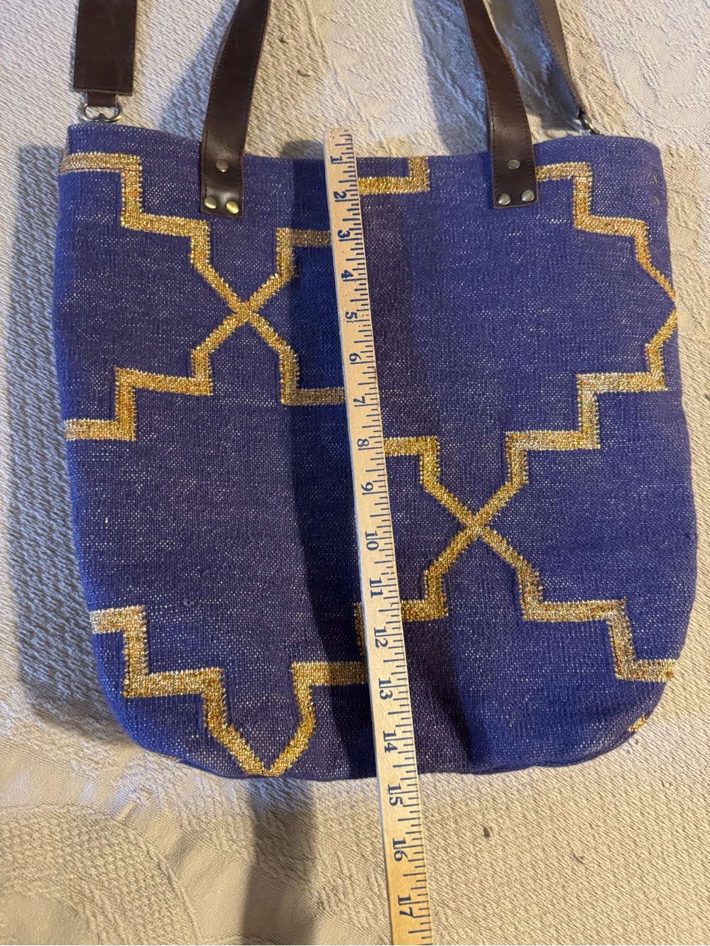 Sapana Tote Bag with Geometric Gold Pattern - Purple Woven - Picture 7 of 9